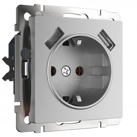 Розетка с заземлением, шторками и USBх2 Werkel W1171506 (серебряный)