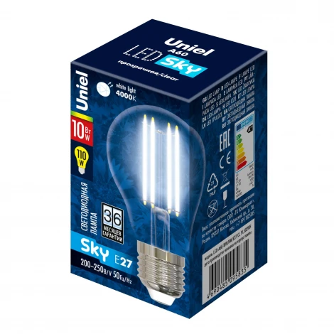 Лампочка светодиодная шар прозрачная E27 10W 4000K Uniel LED-A60-10W/NW/E27/CL PLS02WH