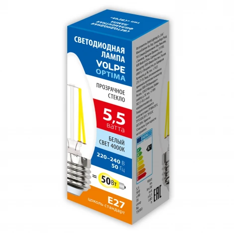 Лампа светодиодная, форма "свеча", прозрачная, белый свет 4000K Volpe Optima Филамент LED-C35-5,5W/4000K/E27/CL/SLF