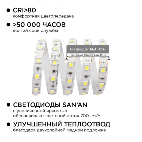 Комплект светодиодной ленты 12В с аксессуарами (блок, коннектор), 14.4Вт/м, smd 5050, 60 д/м, 700 лм/м, IP20, 6500К, 1м, холодный белый Apeyron 10-67