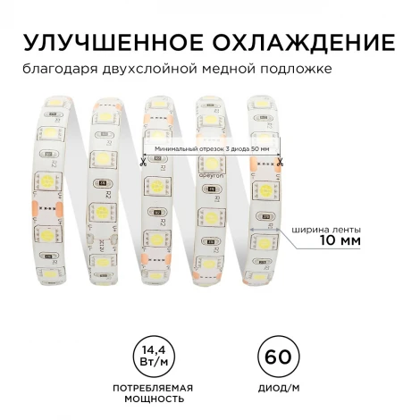 Светодиодная лента в блистере 12В 14,4Вт/м SMD5050 60д/м IP65, 700Лм/м ширина подложки 10мм, 1м 6500К Apeyron 259BL