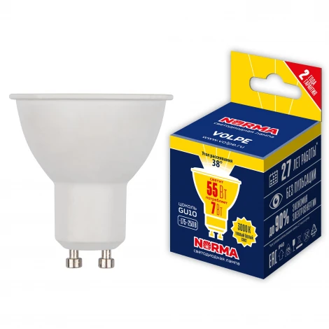 Лампа светодиодная, форма "JCDR", матовая, теплый белый свет 3000K Volpe Norma LED-JCDR-7W/3000K/GU10/38D/NR