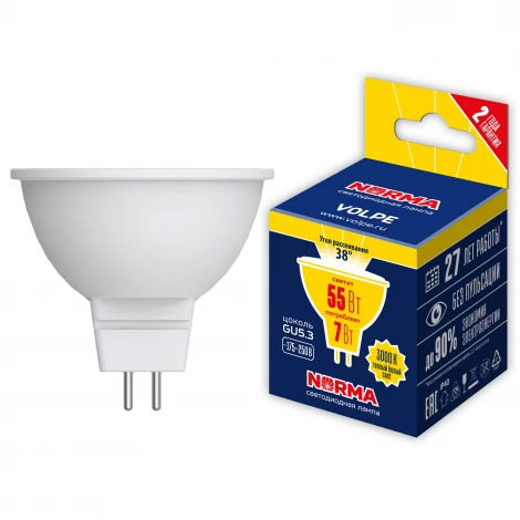 Лампа светодиодная, форма "JCDR", матовая, теплый белый свет 3000K Volpe Norma LED-JCDR-7W/3000K/GU5.3/38D/NR