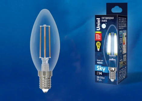 Лампочка светодиодная свеча прозрачная E14 11W 4000K Uniel LED-C35-11W/4000K/E14/CL PLS02WH
