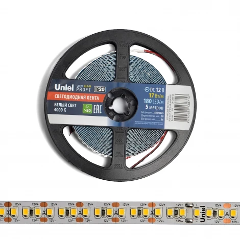 Светодиодная лента Uniel ULS-M16-2835-180LED/m-10mm-IP20-DC12V-17W/m-5M-4000K PROFI катушка в герметичной упаковке