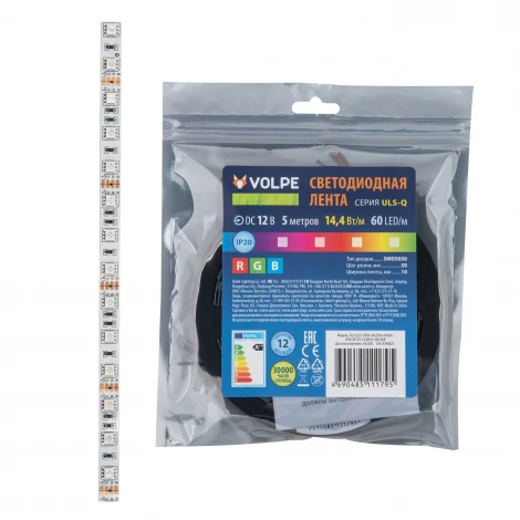 Светодиодная лента Volpe ULS-Q221 5050-60LED/m-10mm-IP20-DC12V-14,4W/m-5M-RGB катушка в герметичной упаковке