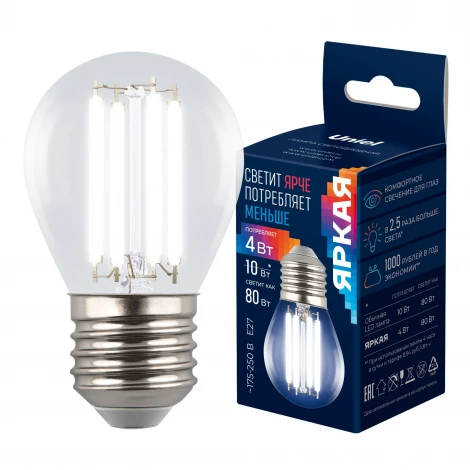 Лампа светодиодная, форма "шар", прозрачная, белый свет 4000K Uniel Яркая A++ LED-G45-4W/4000K/E27/CL GLY01TR