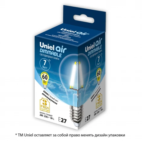 Лампочка светодиодная шар прозрачная E27 7W 4000K Uniel LED-A60-7W/NW/E27/CL/DIM GLA01TR