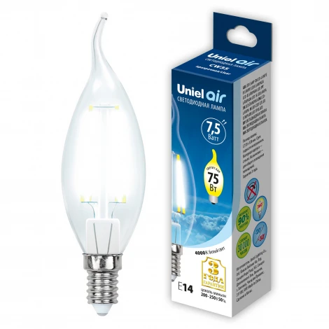 Лампочка светодиодная свеча на ветру прозрачная E14 7,5W 4000K Uniel LED-CW35-7,5W/NW/E14/CL GLA01TR