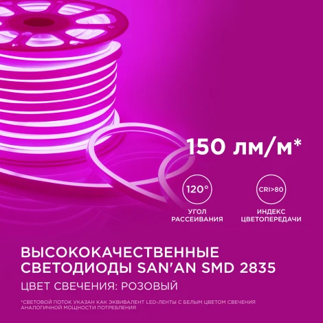 Светодиодный неон мини 220В 5,5Вт/м SMD2835 120д/м IP65 8*16мм, 50м розовый Apeyron 17-38