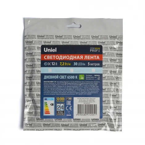 Светодиодная лента Uniel ULS-M22-5050-30LED/m-10mm-IP20-DC12V-7,2W/m-5M-6500K PROFI катушка в герметичной упаковке