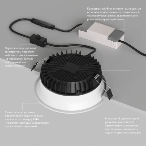 Встраиваемый влагозащищенный светильник 18 Вт LED 3000-4000-6500K, IP44, алюминий, акрил Denkirs Trim DK2451-WH