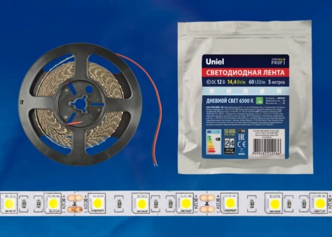 Светодиодная лента Uniel ULS-M25-5050-60LED/m-10mm-IP20-DC12V-14,4W/m-5M-6500K PROFI катушка в герметичной упаковке