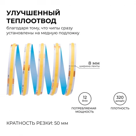 Светодиодная лента 24В 12Вт/м COB, 320д/м IP20 1000Лм/м ширина подложки 8мм, 10м CRI 90+ 6500К Apeyron 00-386