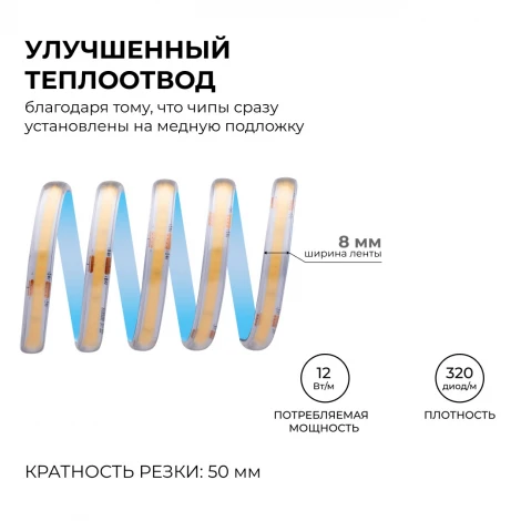 Светодиодная лента 24В 12Вт/м COB, 320д/м IP65 в пвх 1000Лм/м ширина подложки 8мм, 5м CRI 90+ 4000К Apeyron 00-391