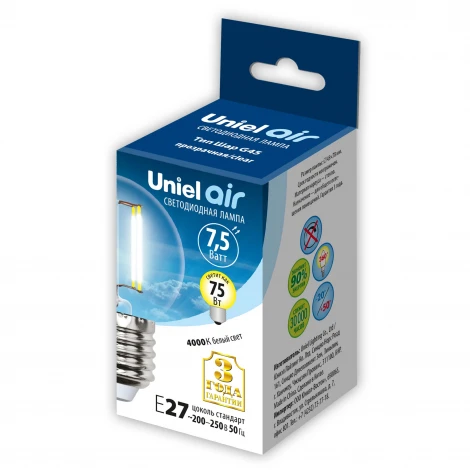 Лампочка светодиодная шар прозрачная E27 7,5W 4000K Uniel LED-G45-7,5W/NW/E27/CL GLA01TR
