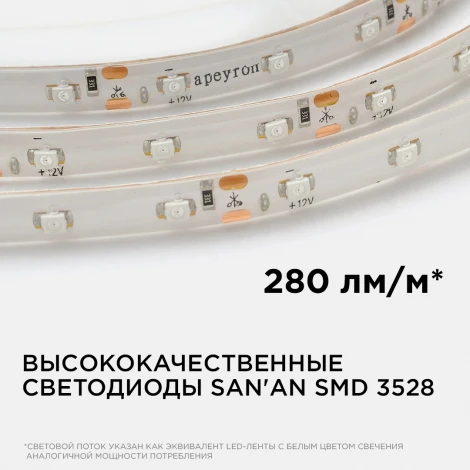 Светодиодная лента в блистере 12В СТ 4,8Вт/м SMD3528 60д/м IP65 ширина подложки 8мм, 5м желтый Apeyron 05BL