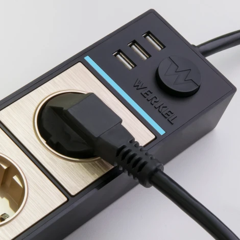 Розеточный блок 4-х местный + 3 USB черный/шампань рифленый W6514944 (a051462)