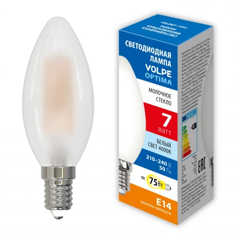 Лампа светодиодная, форма "свеча", матовая, белый свет 4000K Volpe Optima Филамент LED-C35-7W/4000K/E14/FR/SLF