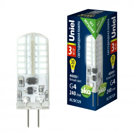 Лампа светодиодная с силиконовым покрытием, белый свет 4000К Uniel JC 12V LED-JC-12/3W/4000K/G4/CL SIZ05TR