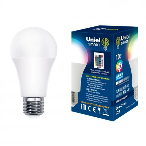 Лампочка светодиодная груша белая E27 10W 4000K Uniel LED-A60-10W/RGB/E27/REG PLS21WH
