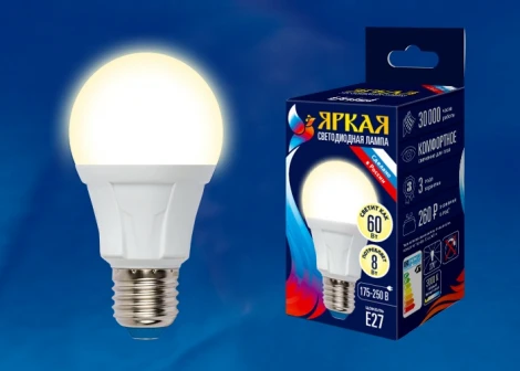 Лампочка светодиодная шар белая E27 8W 3000K Uniel LED-A60 8W/WW/E27/FR PLP01WH