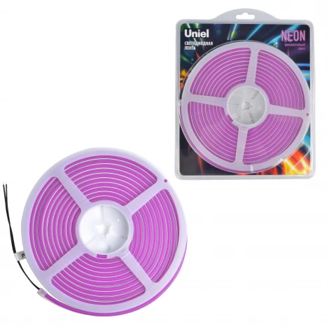 Гибкая светодиодная лента катушка 5м фиолетовый свет Uniel Neon ULS-N01-2835-120LED/m-6mm-IP67-DC12V-9W/m-5M-PURPLE блистер