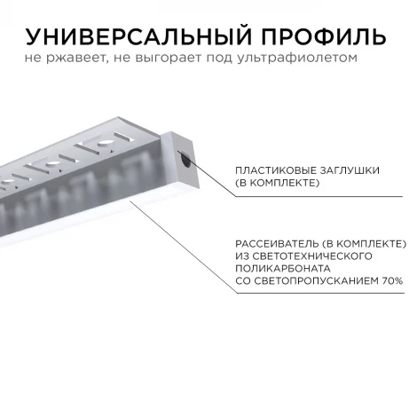 Профиль алюминиевый для светодиодной ленты под гипсокартон и керамическую плитку толщиной до 9мм, серебро 2,5 метра, шир. ленты до 10мм, (рассеиватель белый матовый, заглушки - 2шт.) Apeyron 08-52