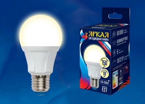 Лампочка светодиодная шар белая E27 18W 3000K Uniel LED-A60 18W/3000K/E27/FR PLP01WH