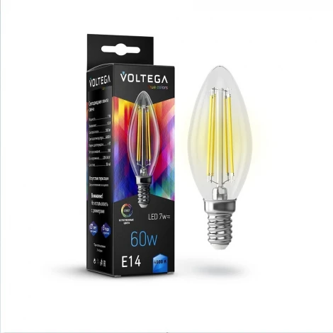 Лампочка светодиодная свеча прозрачная E14 7W 4000K Voltega Cangle E14 7W High CRI 7153