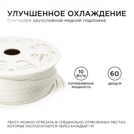 Светодиодная лента 220В СТ 10Вт/м SMD5050 60д/м IP65 50м RGB оболочка из белого ПВХ, без аксессуаров Apeyron 10-64