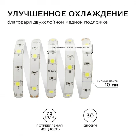 Светодиодная лента 12В СТ 7,2Вт/м SMD5050 30д/м IP65 360Лм/м ширина подложки 10мм, 5м 6500К Apeyron 00-39