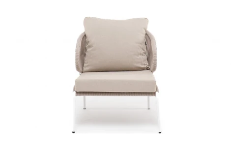 "Милан" кресло плетеное из роупа, каркас алюминий белый муар, роуп бежевый круглый, ткань бежевая 15052 4SIS MIL-A-001 W Mua beige(beige15052)