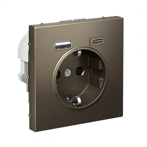 Розетка с заземлением, шторками и USB Type A+С (мокко) Systeme Electric GAL000632