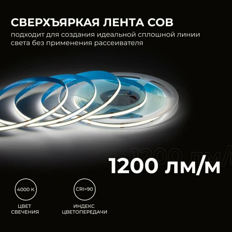 Светодиодная лента 24В 15Вт/м COB, 560д/м IP20 1200Лм/м ширина подложки 8мм, 10м CRI 90+ 4000К Apeyron 00-484