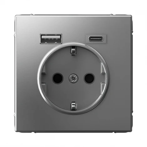Розетка с заземлением, шторками и USB Type A+С (сталь) Systeme Electric GAL000932