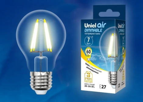 Лампочка светодиодная шар прозрачная E27 7W 3000K Uniel LED-A60-7W/WW/E27/CL/DIM GLA01TR