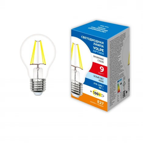 Лампочка светодиодная филаментная Volpe LED-A60-SLF LED-A60-9W/4000K/E27/CL/SLF