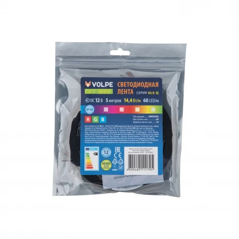 Светодиодная лента Volpe ULS-Q221 5050-60LED/m-10mm-IP20-DC12V-14,4W/m-5M-RGB катушка в герметичной упаковке