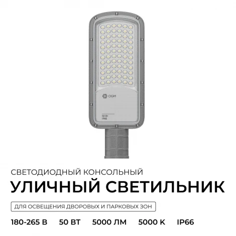 Уличный консольный светильник светодиодный 50Вт 5000лм 5000К IP66 КСС "Ш" серый OGM O29-01