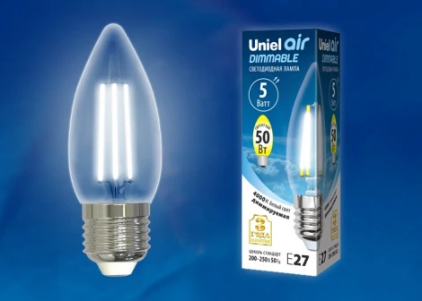 Лампочка светодиодная свеча прозрачная E27 5W 4000K Uniel LED-C35-5W/NW/E27/CL/DIM GLA01TR