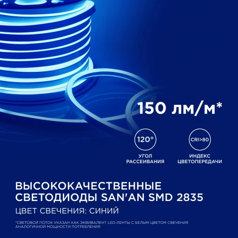 Светодиодный неон мини 220В 5,5Вт/м SMD2835 120д/м IP65 8*16мм, 50м синий Apeyron 17-35