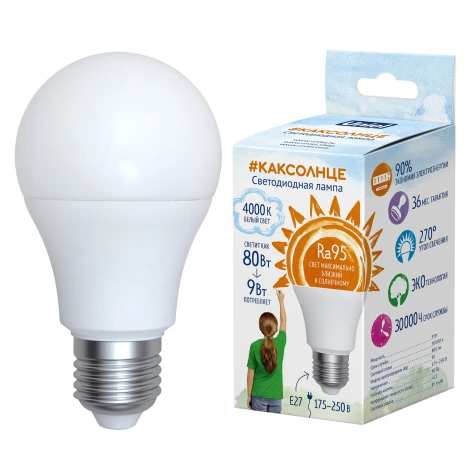 Лампочка светодиодная груша белая E27 9W 4000K Uniel LED-A60-9W/4000K/E27/FR/RA95 PLK01WH