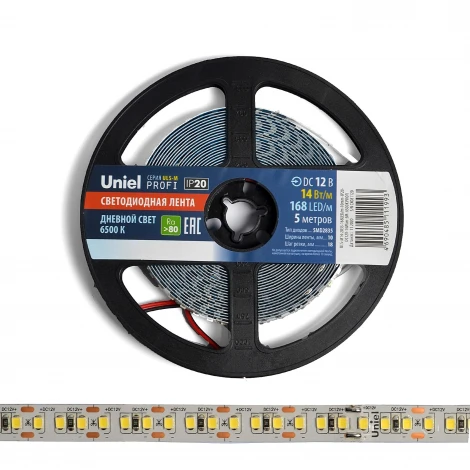 Светодиодная лента Uniel ULS-M14-2835-168LED/m-10mm-IP20-DC12V-14W/m-5M-6500K PROFI катушка в герметичной упаковке