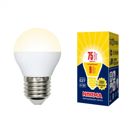 Лампочка светодиодная шар белая E27 9W 3000K Volpe LED-G45-9W/WW/E27/FR/NR