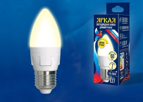 Лампочка светодиодная свеча белая E27 7W 3000K Uniel LED-C37 7W/3000K/E27/FR/DIM PLP01WH