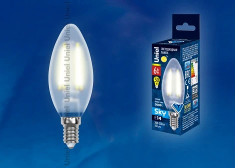 Лампочка светодиодная свеча прозрачная E14 6W 3000K Uniel LED-C35-6W/WW/E14/FR PLS02WH
