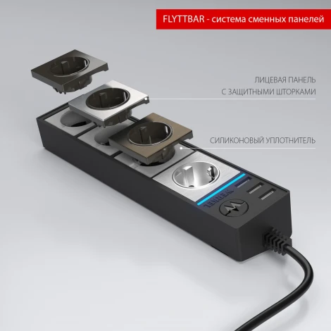 Розеточный блок 4-х местный + 3 USB черный/шампань рифленый W6514944 (a051462)