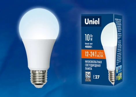 Лампочка светодиодная шар белая E27 10W 4000K Uniel LED-A60-10W/NW/E27/FR/12-24V PLO55WH
