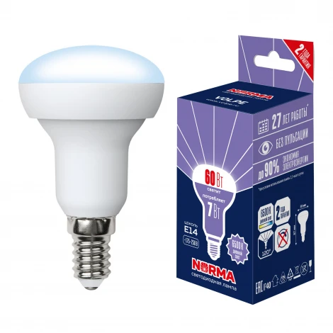 Лампа светодиодная. форма "Рефлектор", матовая, дневной белый свет 6500K Volpe Norma LED-R50-7W/6500K/E14/FR/NR